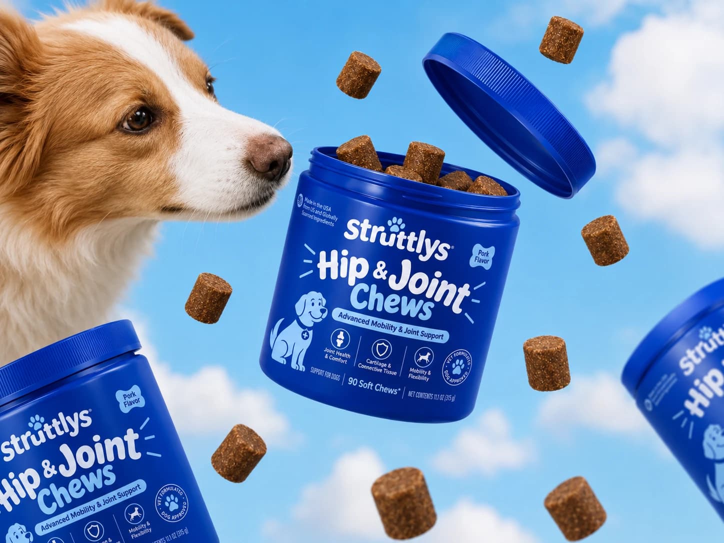 A dog sniffing an open jar of Struttlys Hip & Joint Chews as chews tumble through a blue sky
